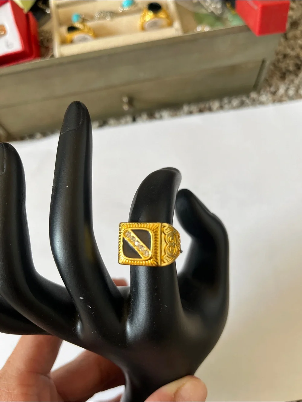 18k Plated Men’s Signet Ring with Black Onyx and Clear Stones size 7